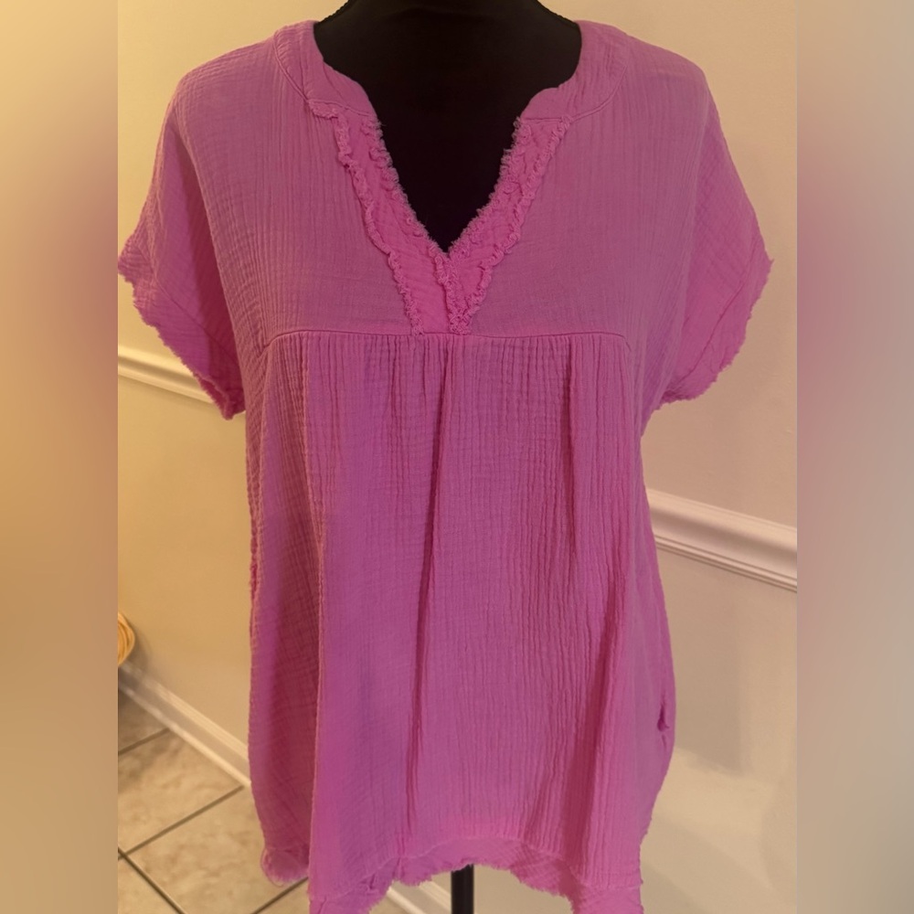 Zenana Pink Frayed Hem Tunic Top with Pockets – Boho Chic (S)